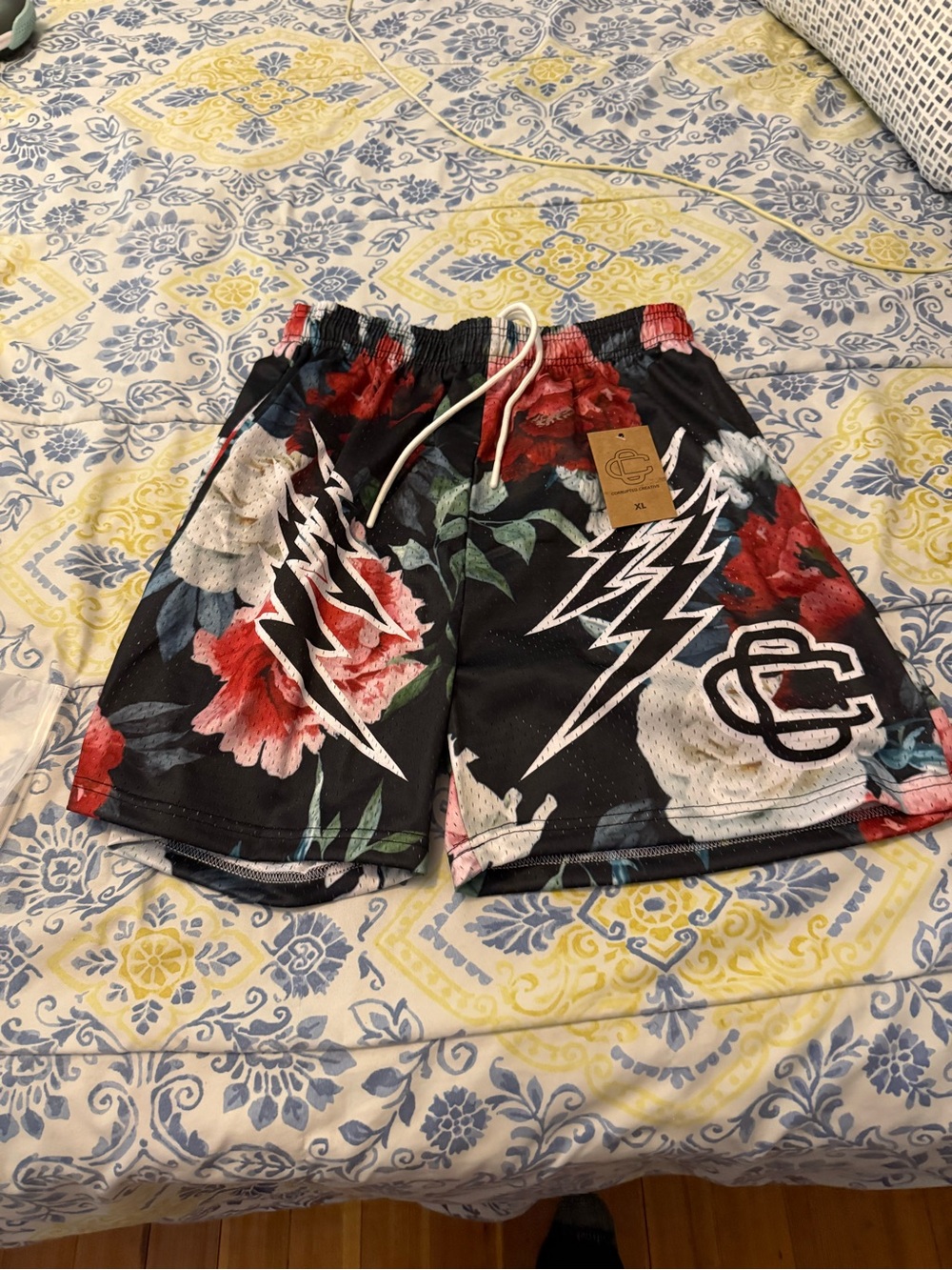 Corrupted Creative Floral Black Shorts with Lightning Accents -